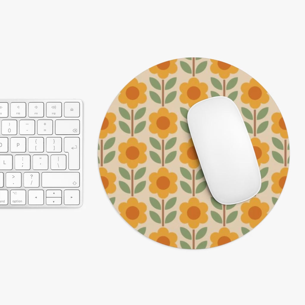 Retro Aesthetic Office Decor Cute Retro Floral Print Mouse Pad 70s Style Geometric Pattern Cute Mouse Pad Orange 60s Style Deck Decor