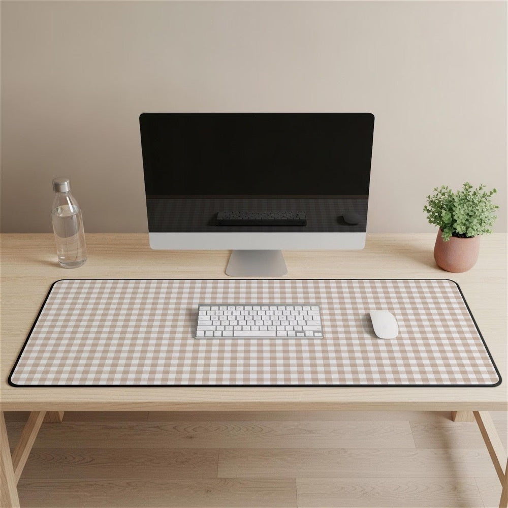 Beige Gingham Desk Mat, Neutral Aesthetic Extended Mouse Pad for Cozy Desk Decor in 12×18, 12×22, 16×32