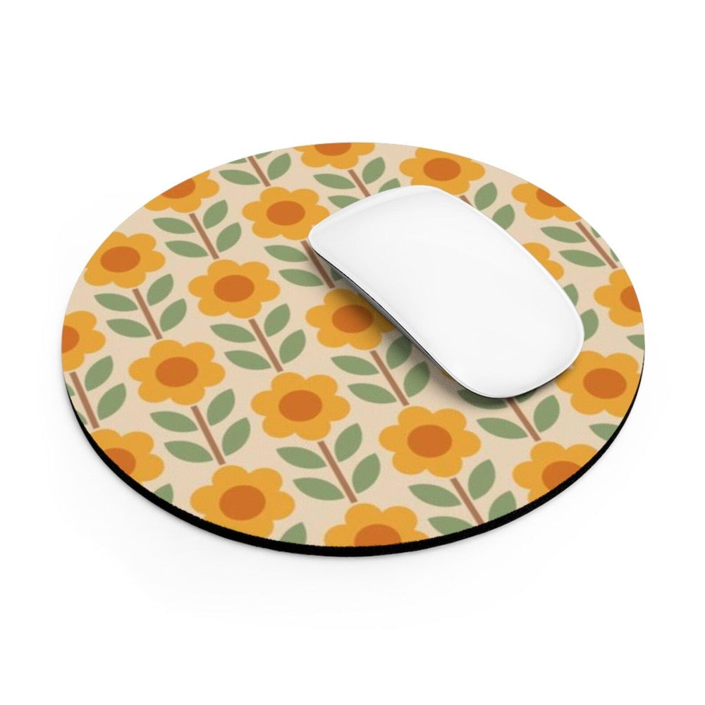 Retro Aesthetic Office Decor Cute Retro Floral Print Mouse Pad 70s Style Geometric Pattern Cute Mouse Pad Orange 60s Style Deck Decor