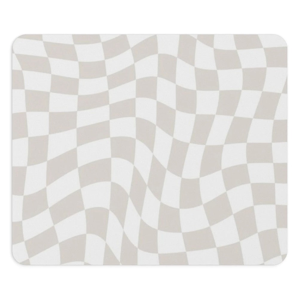 Beige Checkered Mouse Pad, Cute Mouse Pad For Home Office Decor, Neutral Desk Accessories, Trippy Beige and White Check Print Mouse Pad
