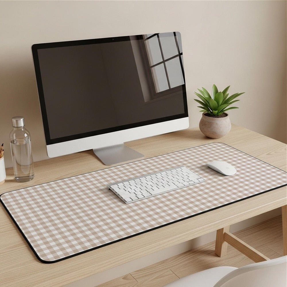 Beige Gingham Desk Mat, Neutral Aesthetic Extended Mouse Pad for Cozy Desk Decor in 12×18, 12×22, 16×32