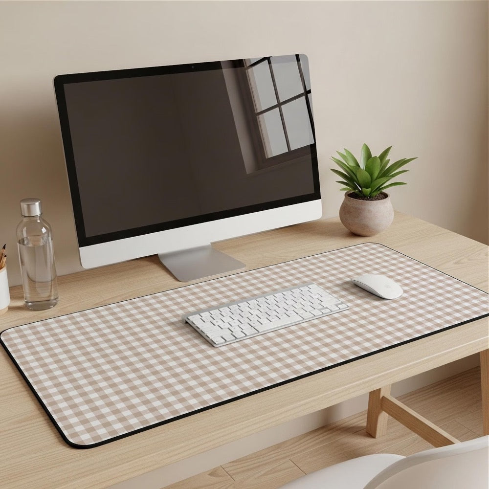 Beige Gingham Desk Mat, Neutral Aesthetic Extended Mouse Pad for Cozy Desk Decor in 12×18, 12×22, 16×32