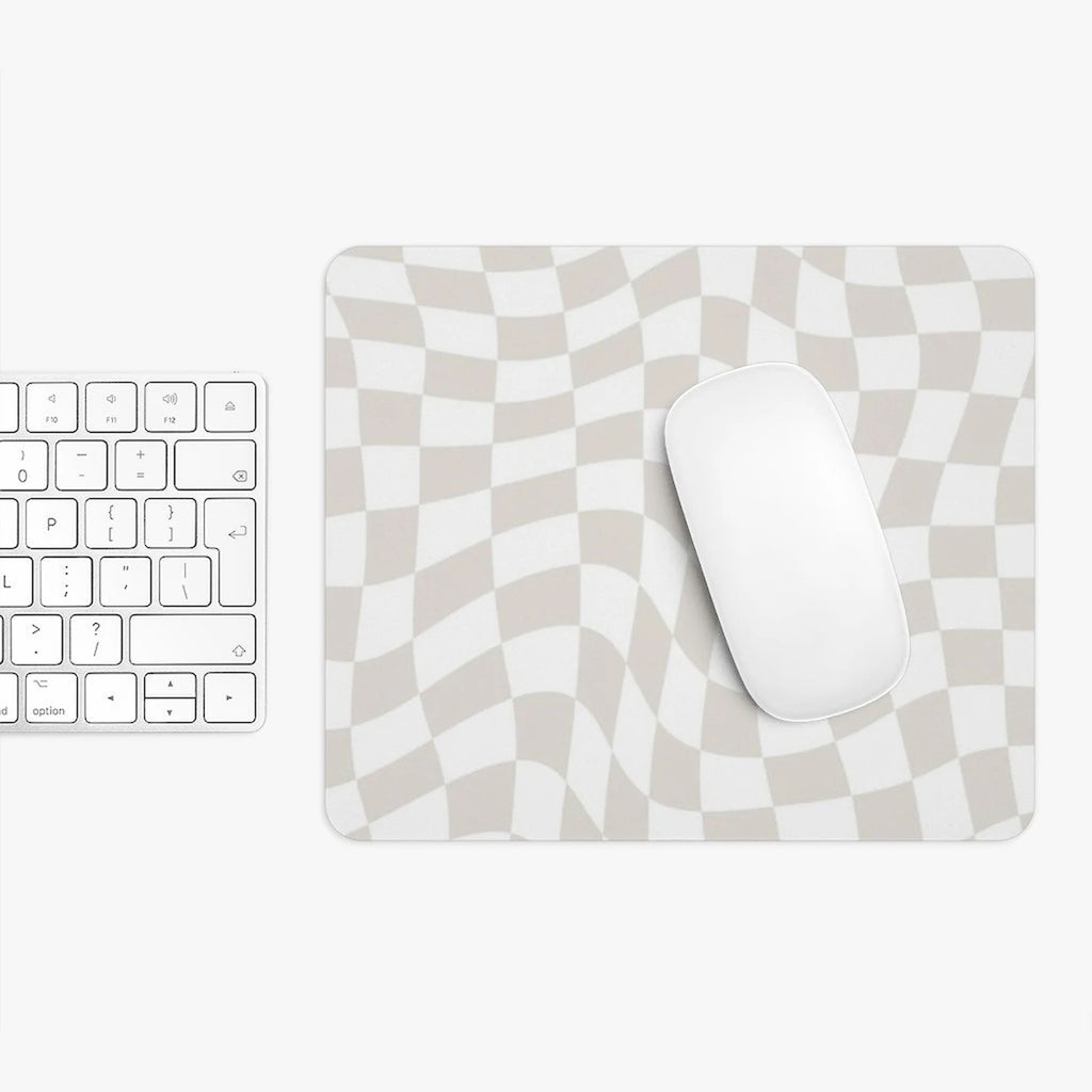 Beige Checkered Mouse Pad, Cute Mouse Pad For Home Office Decor, Neutral Desk Accessories, Trippy Beige and White Check Print Mouse Pad