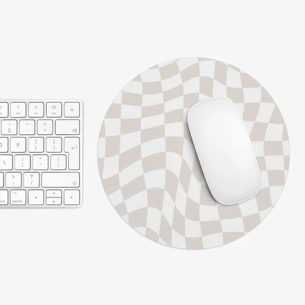 Beige Checkered Mouse Pad, Cute Mouse Pad For Home Office Decor, Neutral Desk Accessories, Trippy Beige and White Check Print Mouse Pad